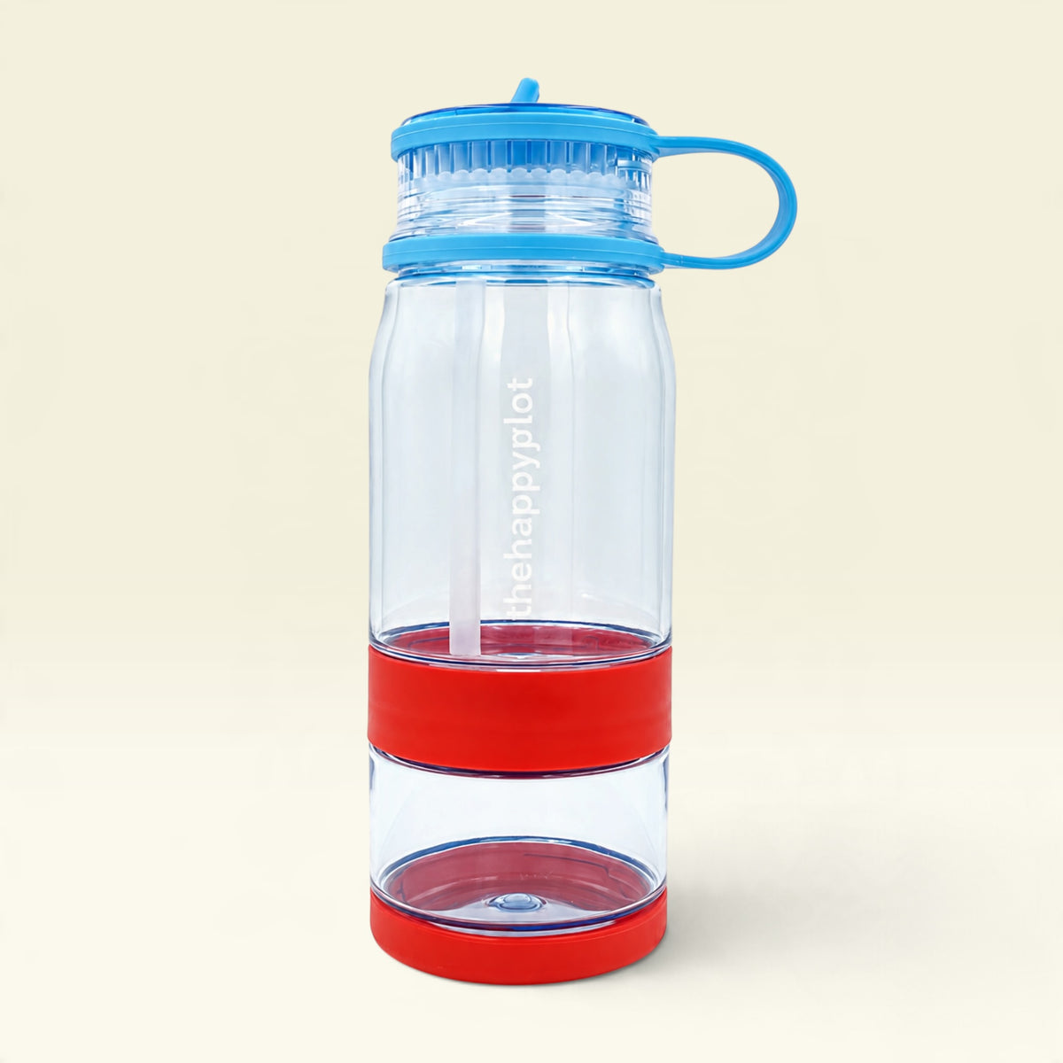 Two in one water bottle with snack cup blue and red ocean dive colourway front view